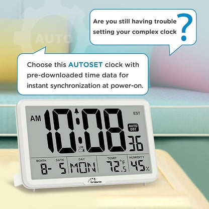 WallarGe Auto Set Digital Wall Clock Battery Operated, Desk Clocks with Temperature, Humidity and Date, Large Display Digital Calendar Alarm Clock for Elderly, Bedroom, Office, 8 Time Zone, Auto DST.