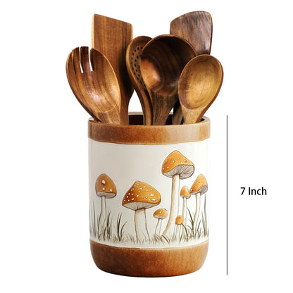 Bicuzat Brown Ceramic Mushroom Pattern Kitchen Utensil Holder, Large Cooking Utensil Crocks for Kitchen Countertop, Ceramic Utensil Organizer