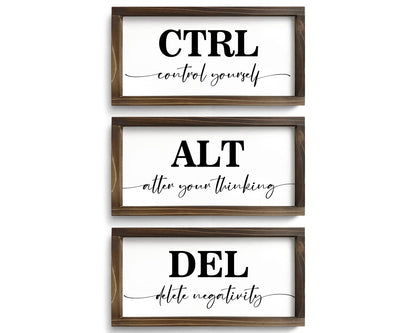 Pinetree Art Motivational Wall Decor for Office, Set of 3 Rustic Wooden Framed Signs, CTRL ALT DEL Inspirational Wall Art for Home Office, Classroom, Desk Wall, Positive Mindset Decor, (6"x12"x3)