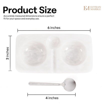 Marble Salt and Pepper Dish with Spoon, Handcrafted Double Spice Tray with 2 Compartments, Natural Stone Condiment Dish for Cooking Prep and Serving - White