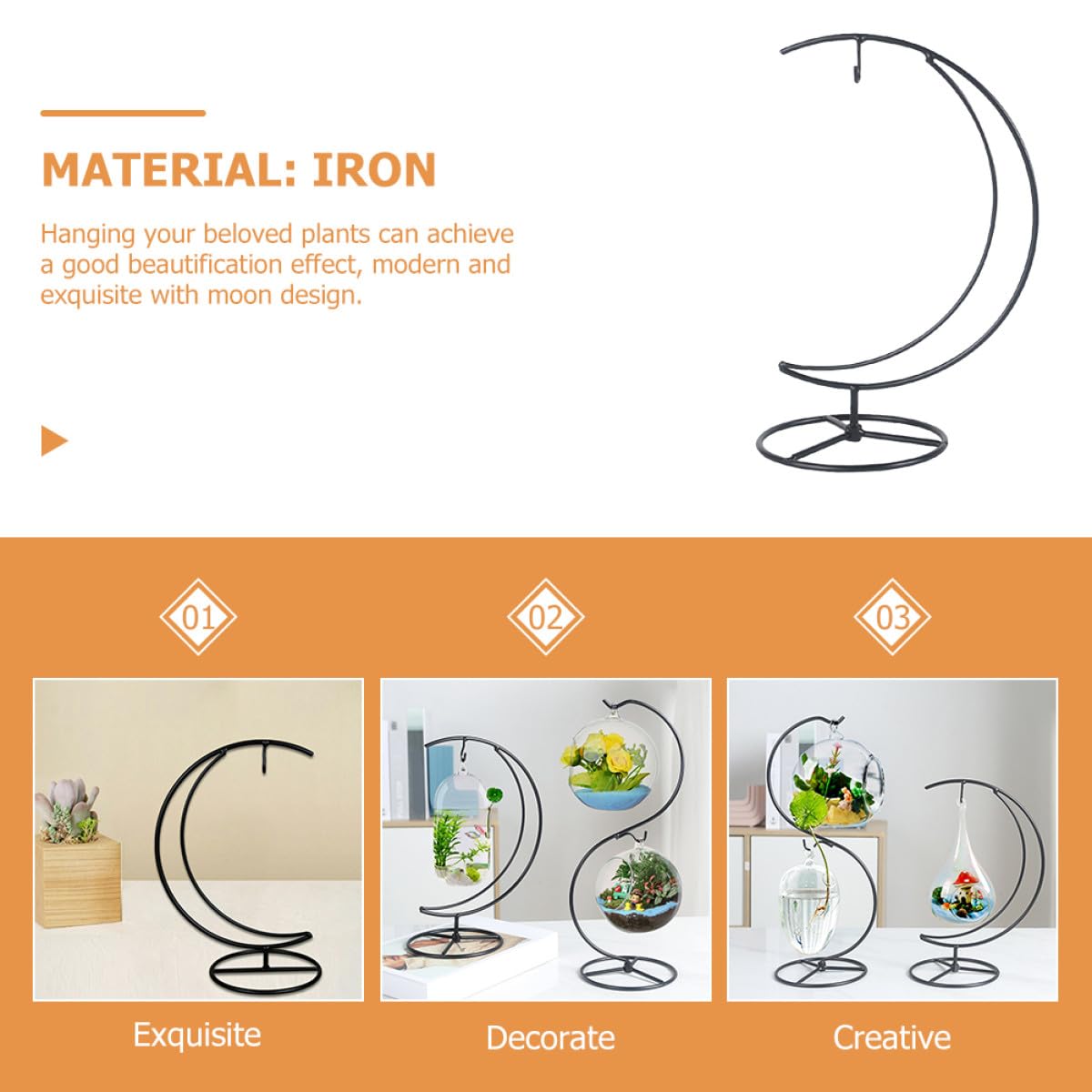 EPIGEIST Moon-shaped Iron Ornament Display Stand for Hanging Terrariums and Plant Pots Compact Desktop Decor Holder with Pendulum Style Contemporary Transparent Globe Display for Home
