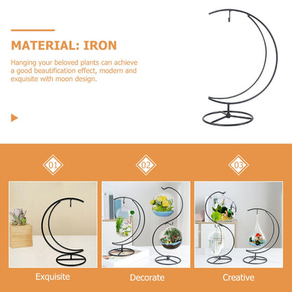 EPIGEIST Moon-shaped Iron Ornament Display Stand for Hanging Terrariums and Plant Pots Compact Desktop Decor Holder with Pendulum Style Contemporary Transparent Globe Display for Home