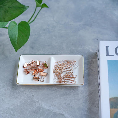 HANKOR Ceramic Jewelry Dish Tray, 2 Compartment Ring Dish, Decorative Trinket Tray for Rings, Earrings, Keys, Birthday Christmas Gifts, White