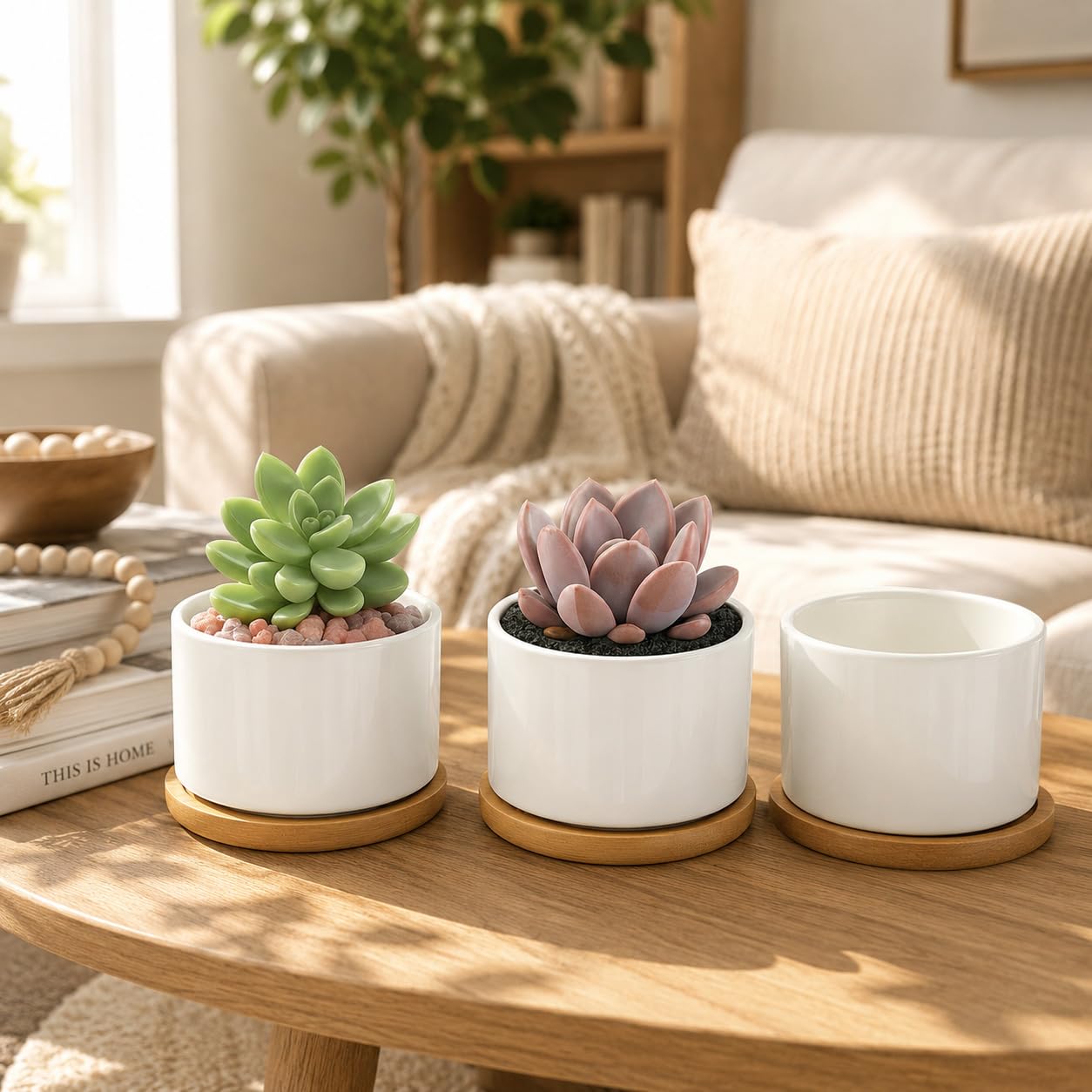 ZOUTOG Ceramic Succulent Pots,3.6 Inch Plant Pots,Succulent Planters with Drainage Hole & Bamboo Tray for Indoor Plants,White Small Flower Planters for Home,Office,Desk(6 Pack)