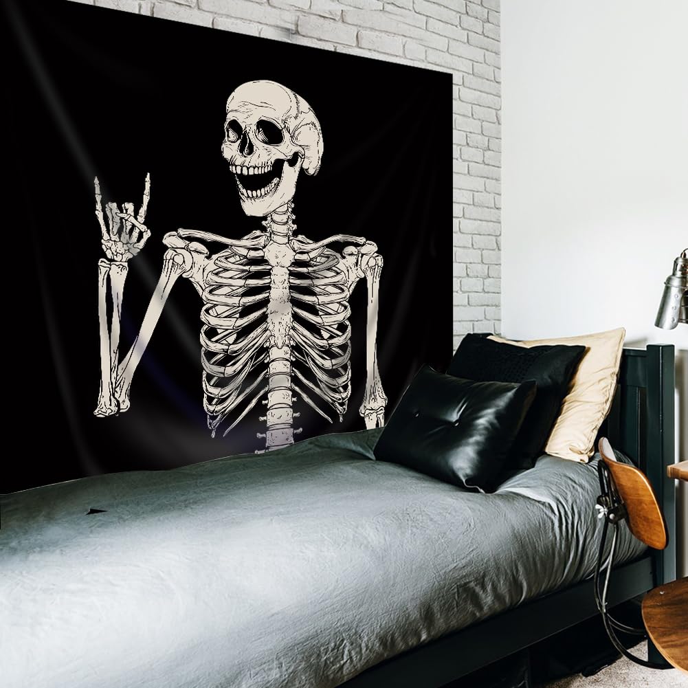 Riyidecor Skull Skeleton Tapestry Wall Hanging 51Hx59W Inch Funny Black and White Theme Home Decor for Men Women Gothic Hippie Halloween Bohemian Terror Rock and Roll Bedroom Living Room Dorm WW-SOKA