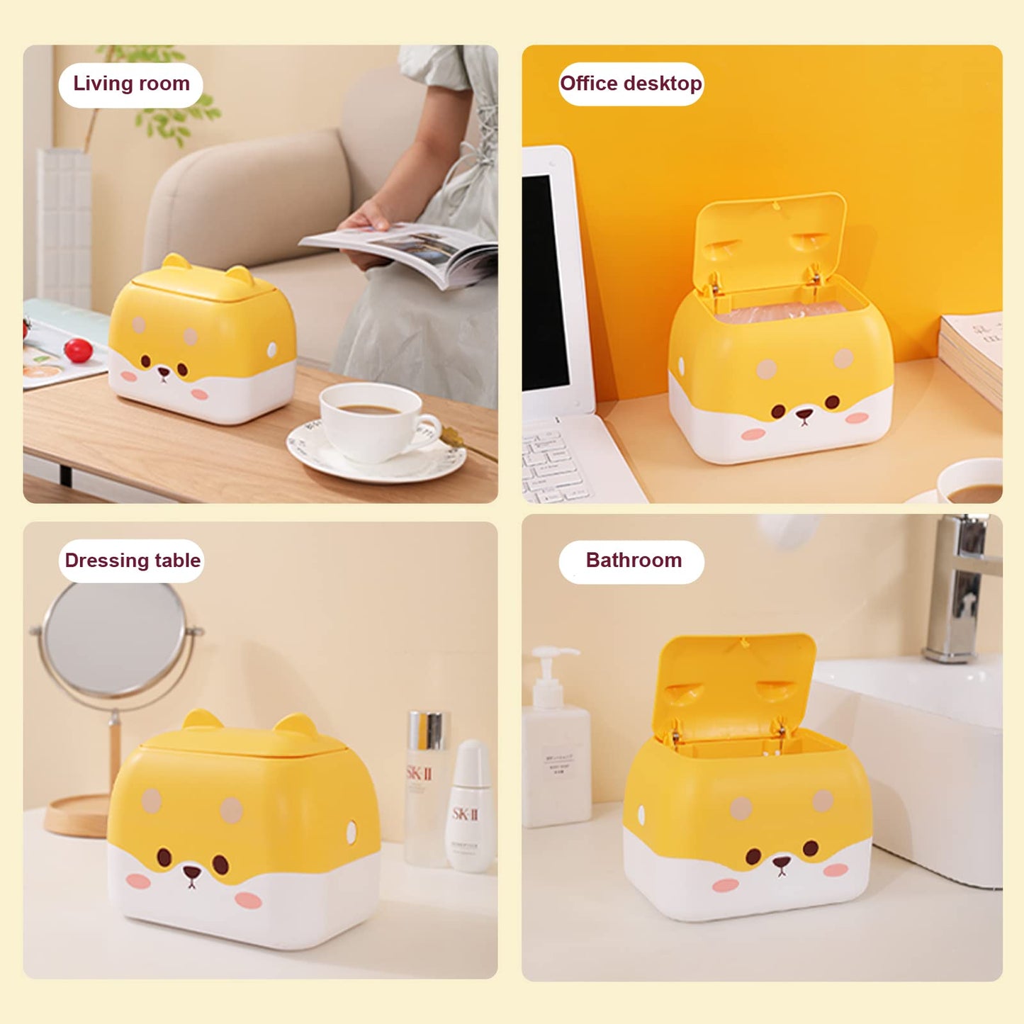 Omeily Cute Pet Mini Chi’s Desktop Trash Can Double Press Small Trash Can with Lid Suitable for Bathroom, Living Room, Bedroom, Office Countertop Trash can Lint Bin Garbage Can with Lid