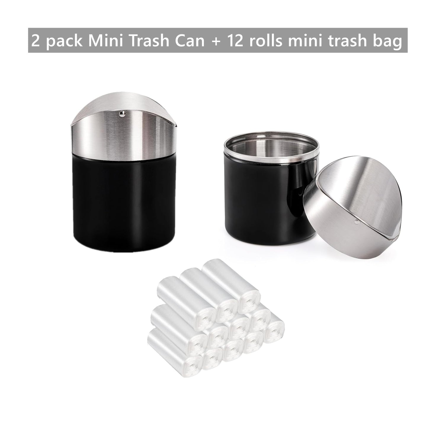 ToppYuanZea 2 Pack Mini Trash Can for Desk, Swing Lid Brushed Stainless Steel Countertop Garbage Bin with 12 Rolls Bags, Modern Tiny Waste Basket for Vanity, Makeup Tabletop, Office Desk, Coffee Table