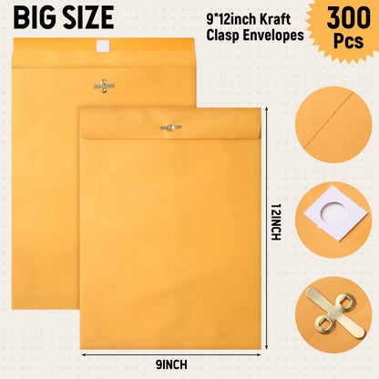Ctosree 300 Pcs Manilla Envelopes Clasp Envelopes Bulk Brown Kraft Catalog Letter with Clasp Closure and Gummed Seal 28lb Heavyweight Paper (9 x 12 Inch)
