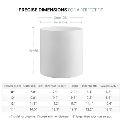 FaithLand 8 Inch Fiberstone Planter - Lightweight Modern Cylinder Plant Pot with Drainage Hole & Plug, Indoor Outdoor Use, Matte White