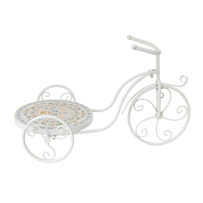 Zorvynelle Metal Bicycle Plant Stand Display Tricycle Plant Rack Flower Holder with Round Ceramic Tile Nesting Tray for Indoor Outdoor Home Garden Patio Wedding Garden Decor
