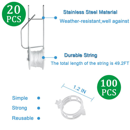Hidbot Tomato Support Hooks with String 20 Pcs,100 Pcs Plant Support Clips for Climbing Plants,Tomato Trellis Roller Hooks with 49.2FT String,Reusable Grape Vine Clips to Prevent Tomatoes