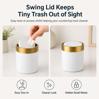 JILLICK Mini Trash Can with Lid, 1.5L / 0.4 Gal Small Metal Countertop Trash Bin with Swing Lid for Desk, Coffee Bar, Vanity, Bathroom, Office, White