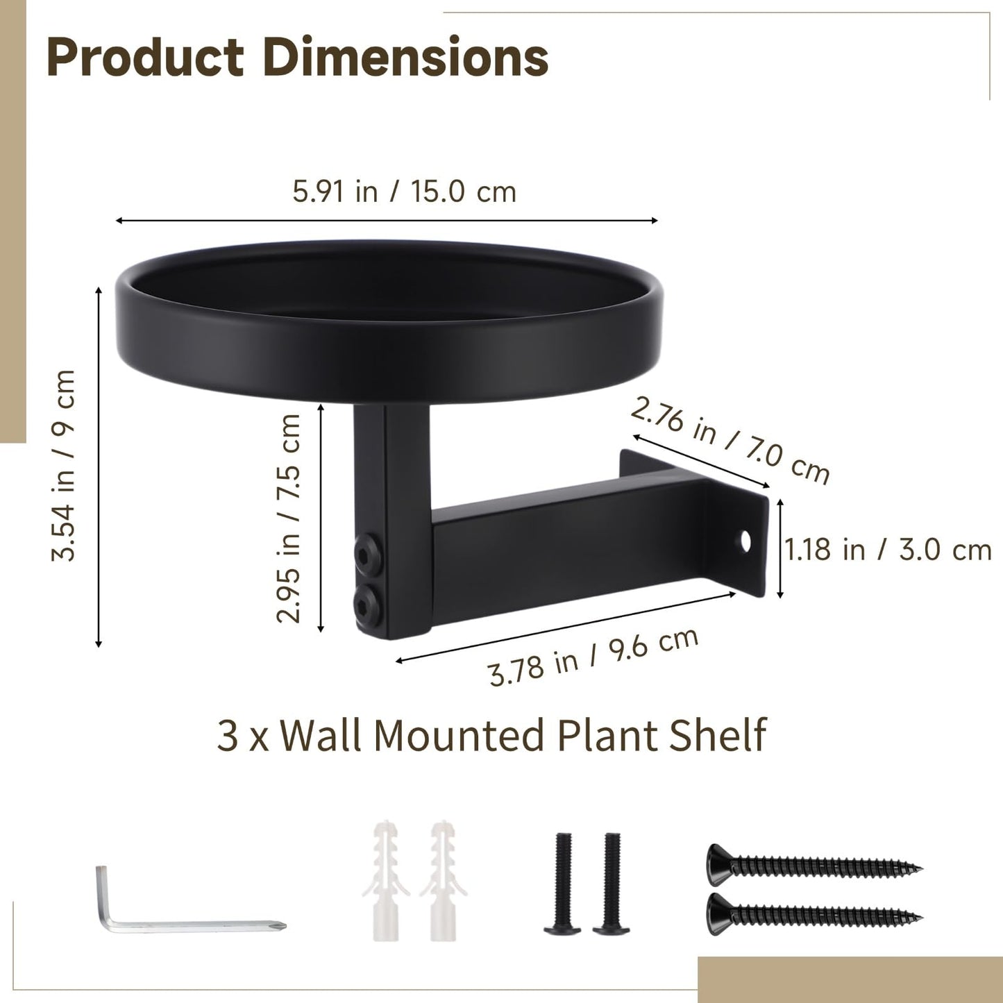 OMISTAR 3 Pcs Wall Plant Holder, 5.9 in Metal Floating Shelf with Round Tray, Wall Mounted Plant Stand for Indoor Greenery, Space-Saving Design for Living Room, Bedroom, Home Office