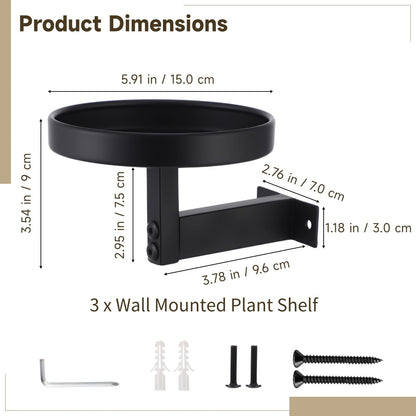 OMISTAR 3 Pcs Wall Plant Holder, 5.9 in Metal Floating Shelf with Round Tray, Wall Mounted Plant Stand for Indoor Greenery, Space-Saving Design for Living Room, Bedroom, Home Office