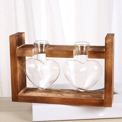 BESPORTBLE 2Pcs Heart-Shaped Glass Hydroponic Containers with Retro Wooden Rack Temperature-Resistant Terrarium Vases for Tulips Roses and Green Plants Decorative Flower Holders for Home and