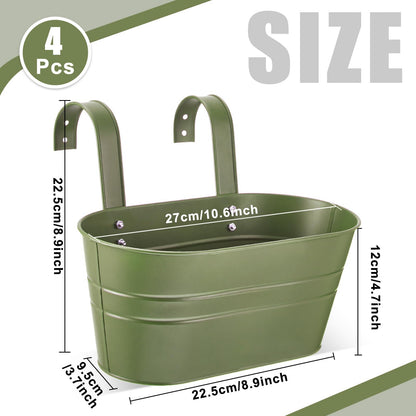 Hicarer Metal Hanging Flower Pots for Railing Fence, Large Hanging Rail Planters for Outdoor Window Balcony Plants Holder with Hooks for Garden Yard Home Decor(Green,4 Pcs)