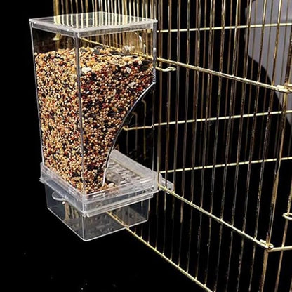 No Mess Bird Feeder for Cage,Automatic Parrot Feeder Cage Accessories,Transparent Parakeet Seed Container Food Feeder Drinker for Cage,No-Spill Transparent Bird Feeder (White)