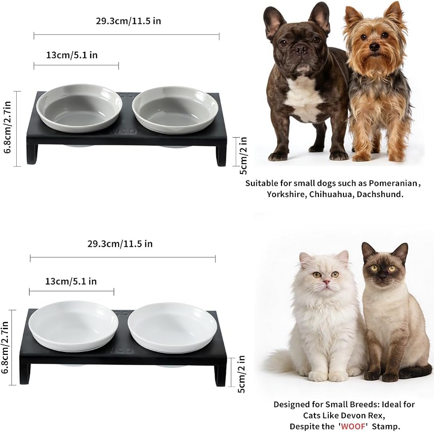 Ceramic Grey Dog Bowls Set - 5 inch Dog Food & Water Bowls, Elevated Feeding Bowls with Metal Stand for Small Size Dog,Puppy Bowl Set for Wet and Dry Food