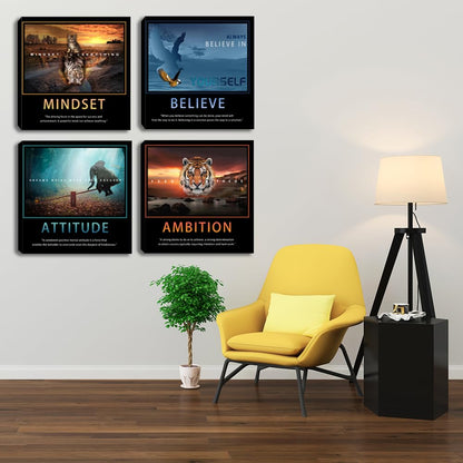 Motivational Wall Art Inspirational Canvas Poster Print Modern Inspiring Entrepreneur Quotes Animals Painting Picture Office Wall Decor Framed Artwork 4 Pieces Living Room Bedroom Workplace Decoration