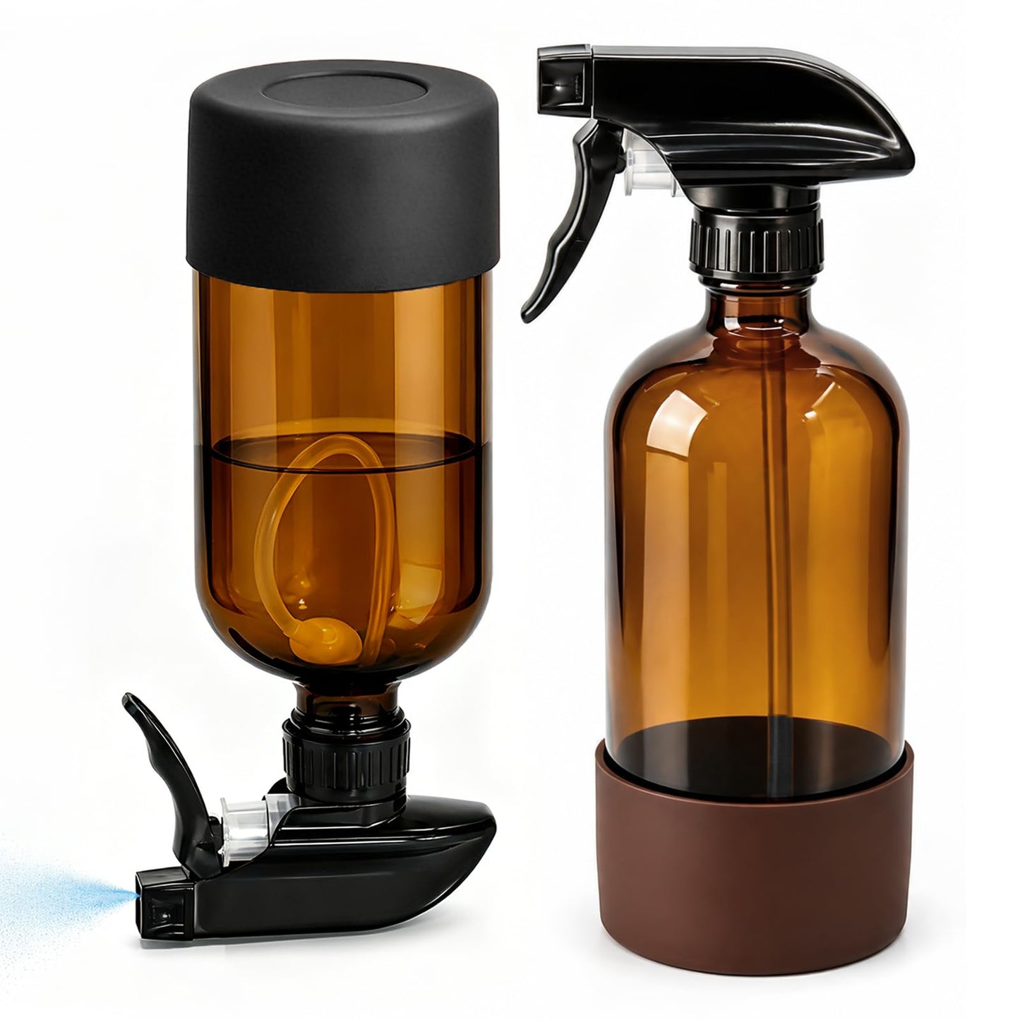 CHEODIN 360° Glass Spray Bottles 16 oz for Hair Cleaning with Silicone Sleeve, 2 Pack Amber Refillable Containers with Adjustable Spray Nozzles, Empty Spray Bottles for Plant Amber