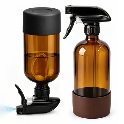 CHEODIN 360° Glass Spray Bottles 16 oz for Hair Cleaning with Silicone Sleeve, 2 Pack Amber Refillable Containers with Adjustable Spray Nozzles, Empty Spray Bottles for Plant Amber