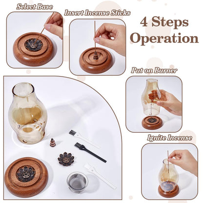 FINGERINSPIRE 1 Set Wood Glass Lotus Candle Holder 2Pcs Lotus Incense Holders 1Pc Gourd Incense Burner Meditation with 3Pcs Ash Brush Votive Stand with 1Pc Hurricane Candle Holder Brown Zen Style