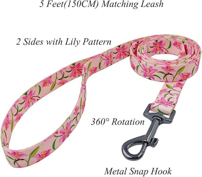 Dog Collar Leash Set, Floral Pattern, Polyester Material, Adjustable Collar and 5ft Matchcing Leash, for Puppy Dogs.(XS, Pink Lily)
