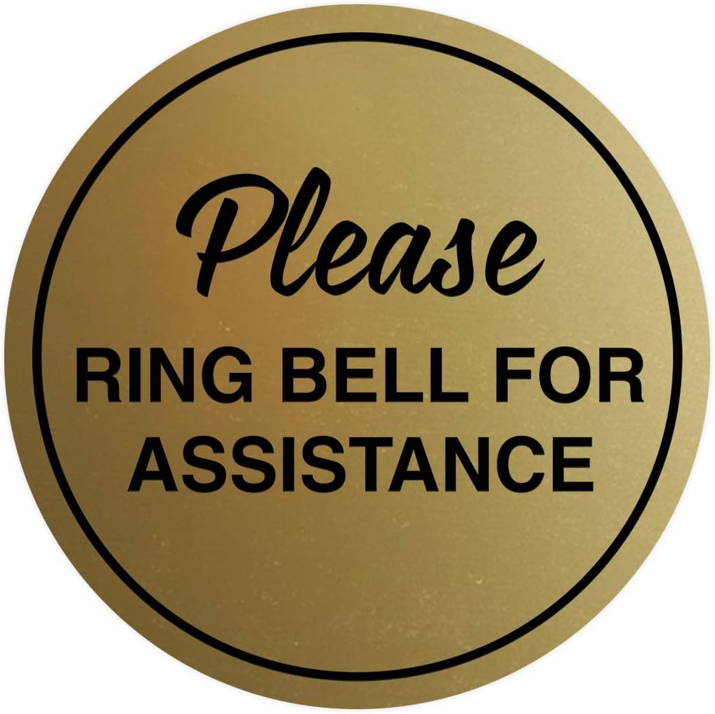 Signs ByLITA Circle Please Ring Bell For Assistance Wall or Door Sign | Easy Installation | Front Desk Reception Sign (Brushed Gold) - Large (2 Pack)