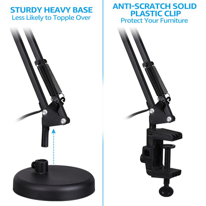TORCHSTAR Metal Desk Lamp with Clamp, Swing Arm, Architect Adjustable Gooseneck Table Lamp, Clip Desk Lights for Home Office, Work, Study, Reading, E26 Base, Multi-Joint, Black