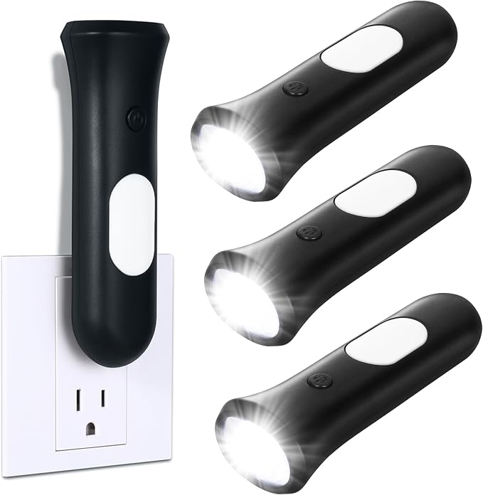 ROSSEX 4 in 1 Emergency Lights for Home Power Failure, 3 Pcs Rechargeable LED Flashlight Plug in Wall, Automatic Turn-On Power Outage Night Light Flashlight for Hurricane Preparedness Items, Black