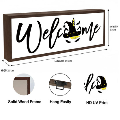 Welcome Wood Home Decor Signs, Welcome Witches Hat Wood Plaque, Home Tabletop Desk Decorative Sign, Halloween Sign, Hanging Decorative Wooden Plaque 9.5x3.1 Inches(A27)