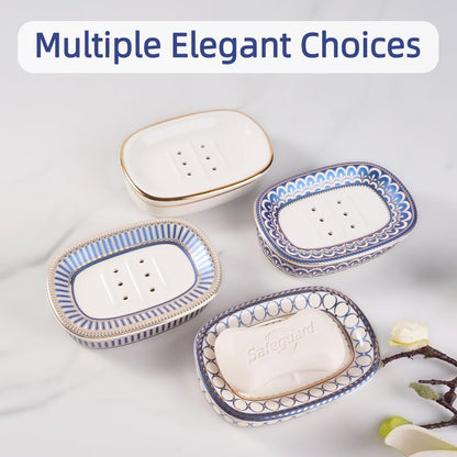 Self Draining Soap Dish, Double-Layer Bar Soap Tray, White Ceramic Soap Dish with Elegant Patterns (Style A)