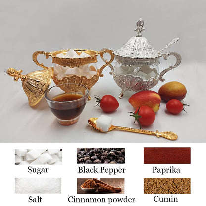 Hourwof Sugar Bowl with Lid and Spoon for Kitchen Coffee Bar and Wedding Party,Metal and Glass Sugar Container for Sugar Cube and Powder Sugar,Spice Condiment Container,Salt Server,Gold
