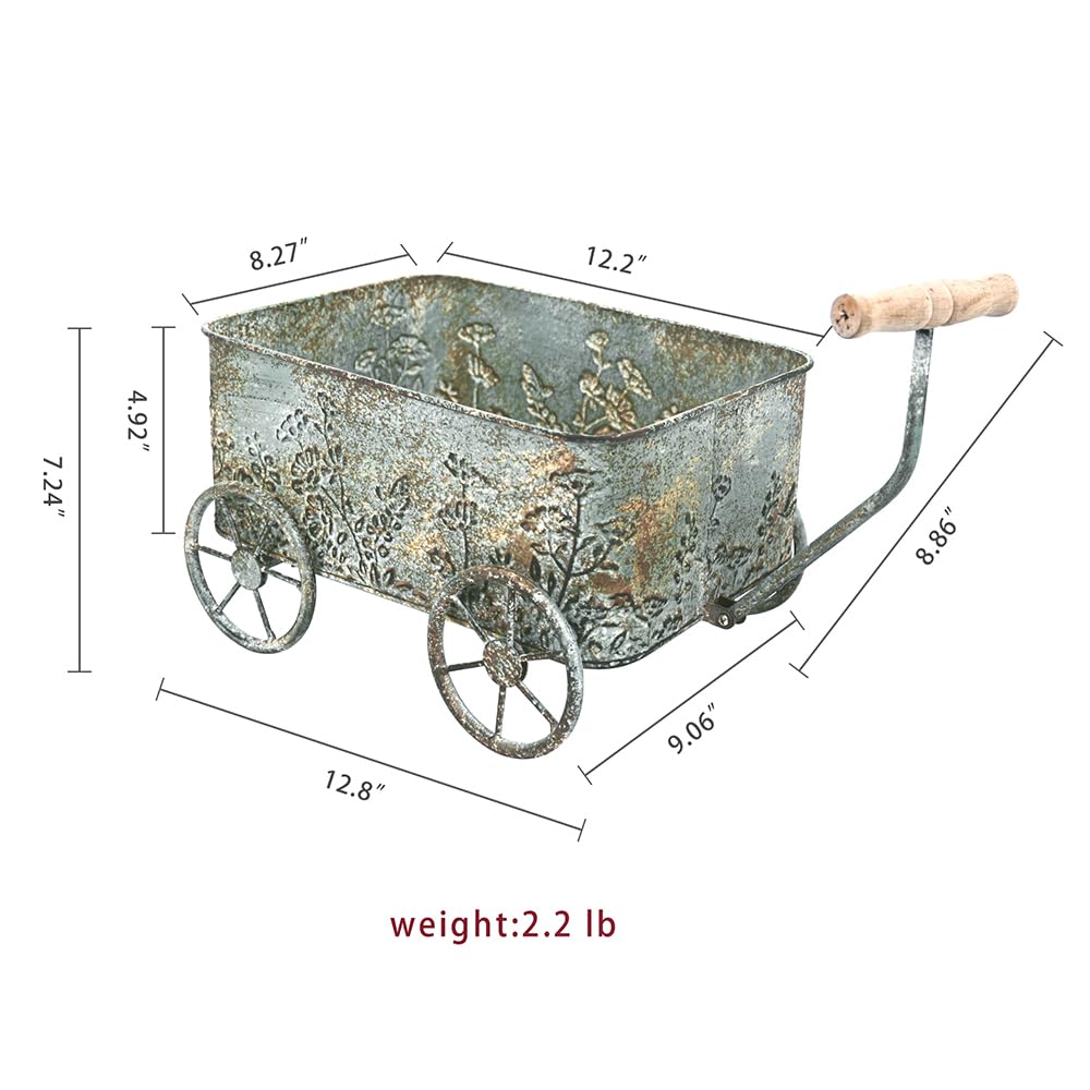 Zokyntrix Flower Cart with Wooden Handles, Metal Wagon Planters for Outdoor Plants, Garden Planter with Wagon Wheels, Decorative Wheelbarrow, Plant Cart for Patio Garden Balcony (Blue)