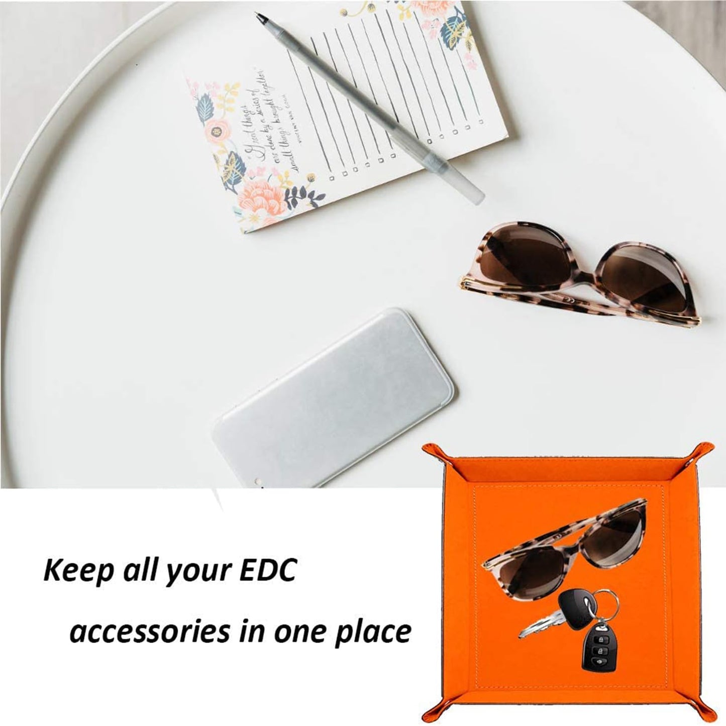 siduater Valet Tray Desktop Storage Organizer – Vegan Leather Catchall Bedside Vanity Tray Nightstand Caddy Holder for Remote Controller, Watch, Keys, Phone, Wallet, Coin, Jewelry (Orange/Black)