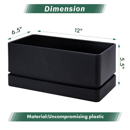 D'vine Dev 12" x 6.5" Window Box Planter, Rectangular Plastic Herb Planter with Drainage Holes & Saucer, Succulent, Cactus & Vegetable Pot for Windowsills/Balconies, Black, Set of 2, 76-P-B-2