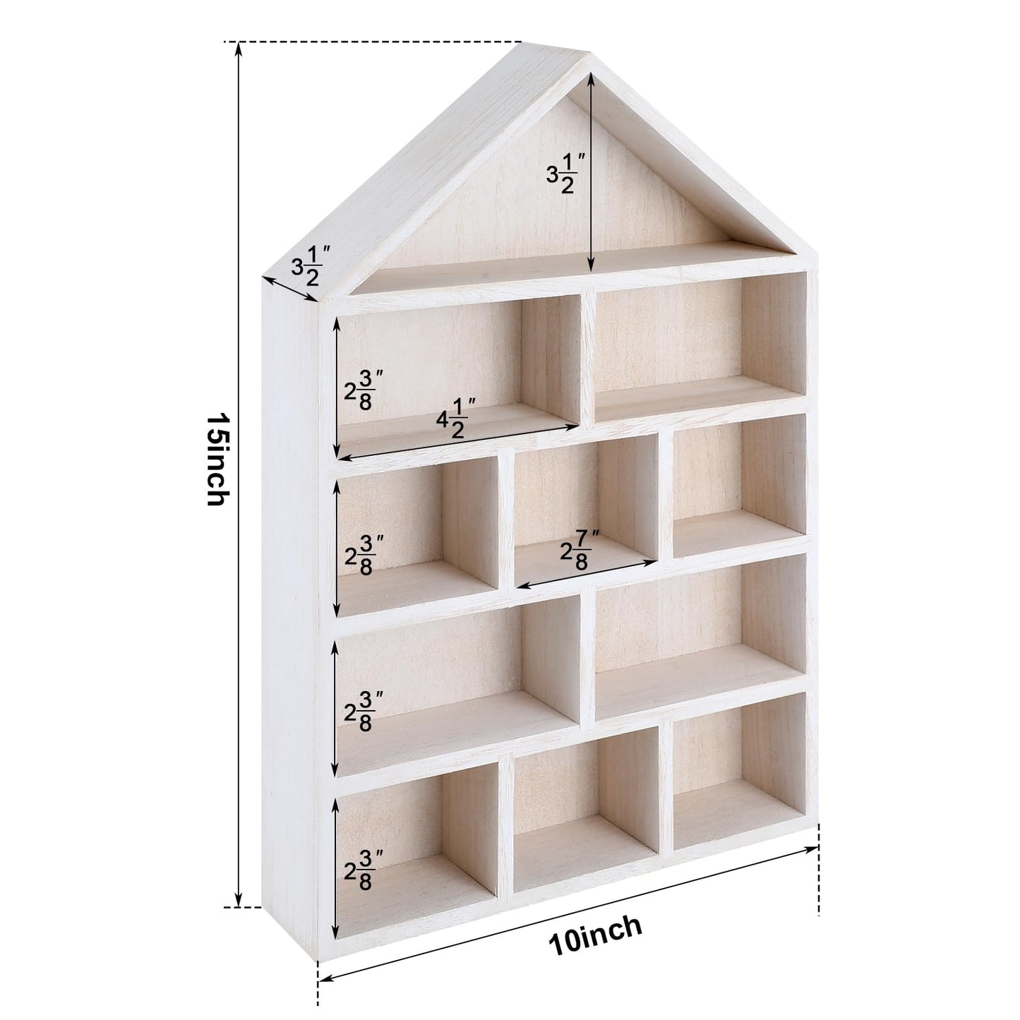 Threehoney House Shaped Wooden Shadow Cubby Box 10 W x 2 1/4 D x 15 H Hanging Display Shelf Organizer Wall Mounted Curio Cabinet Wooden Display Case Miniature Shelf for Figures(Wood Color)