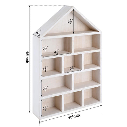Threehoney House Shaped Wooden Shadow Cubby Box 10 W x 2 1/4 D x 15 H Hanging Display Shelf Organizer Wall Mounted Curio Cabinet Wooden Display Case Miniature Shelf for Figures(Wood Color)