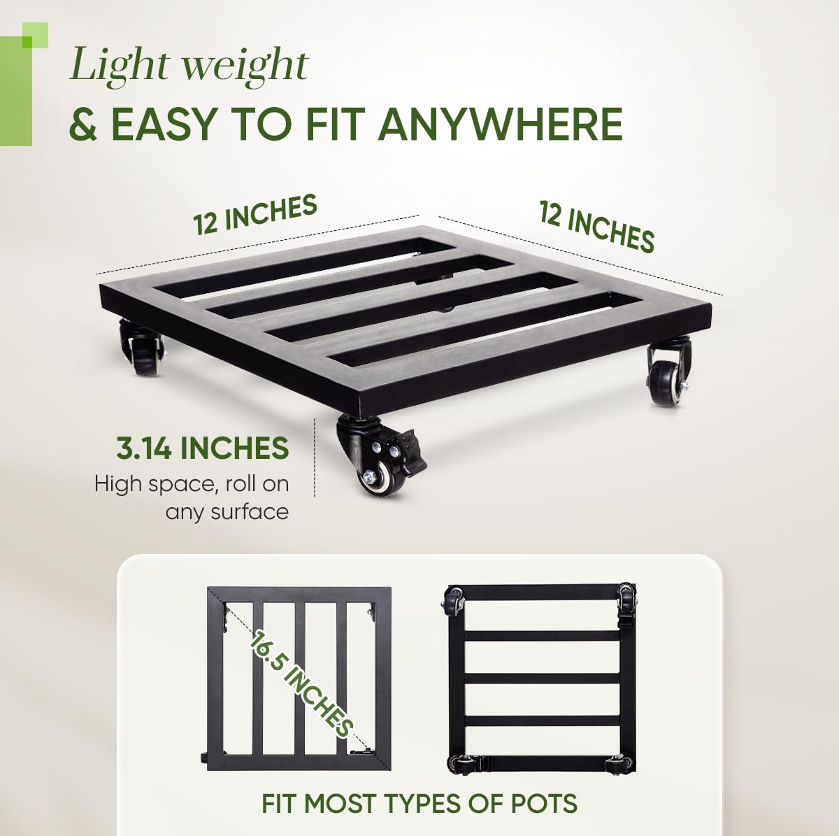 Idzo Upgraded Lockable Heavy Duty Trolley Capacity 385lbs, 12 Inch, Black, Large Plant Pots, Parasol Stands and Bases or Plant Stand with Wheels