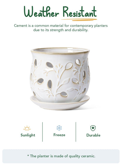 LE TAUCI Ceramic Orchid Pot, 6.5 Inch Orchid Planter with Holes for Repotting, Indoor Flower Plant Pot with Drainage and Saucer, Arctic White