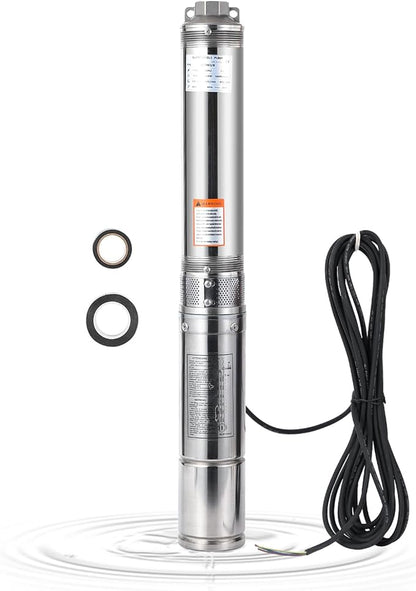 Deep Well Submersible Pump, 1HP 110V/60Hz, 27GPM Flow 204ft Head, with 33ft Electric Cord & Check Valve, 4" Stainless Steel Water Well Pump for Industrial,Irrigation,Home Use, IP68 Waterproof Grade