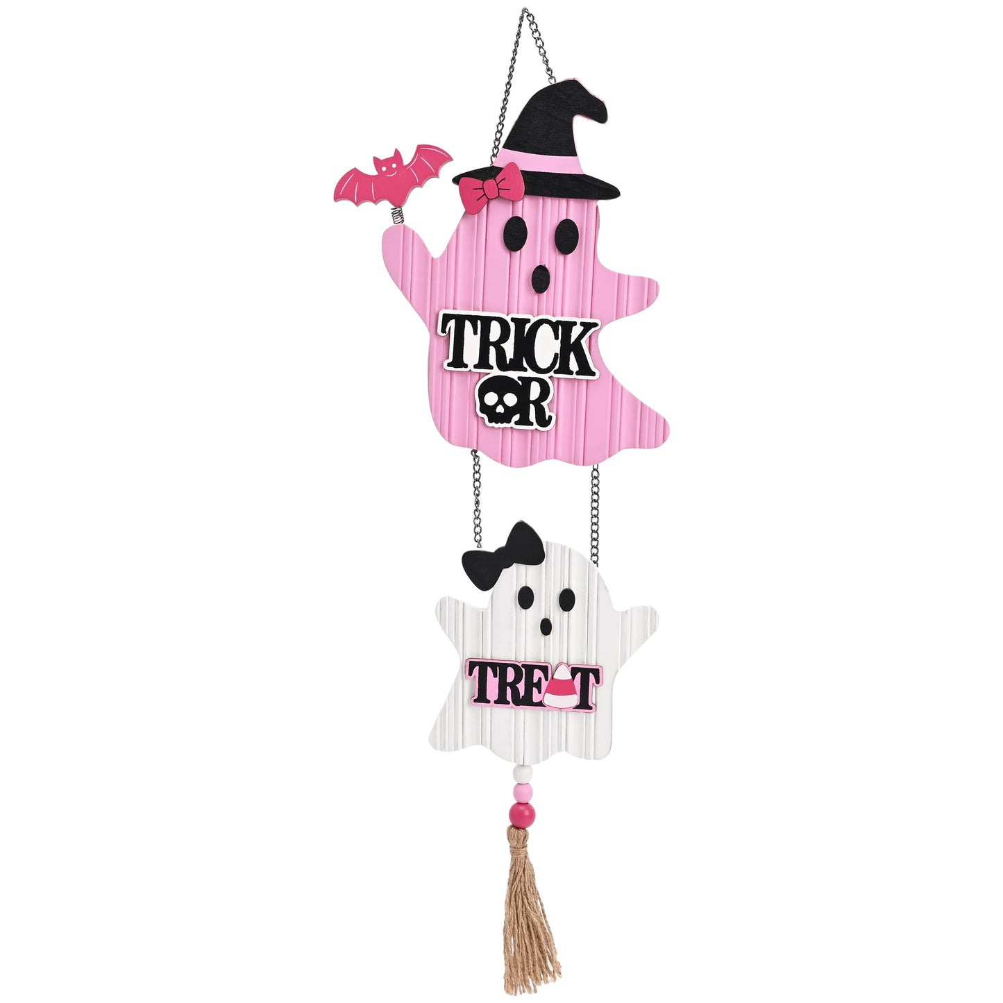 Valery Madelyn Pink Halloween Decorations, Cute Halloween Door Wreath Decorations, Ghost with Witch Hat Wooden Hanging Sign for Wall Window Door Handle, 22 inch