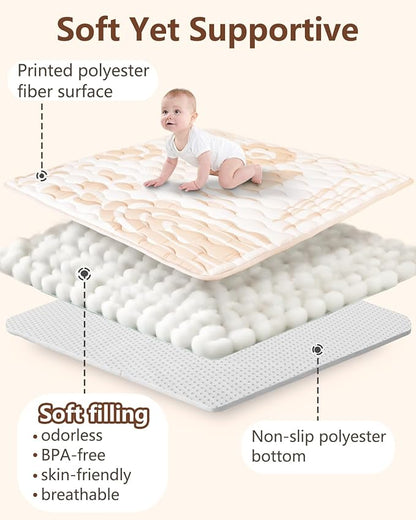 Baby Play Mat, 50x50 Mat with Super Soft Touch, Activity Mat with Upgraded Anti-Slip Bottom, Machine Washable Crawling Mat for Floor & Picnic(Beige Line)