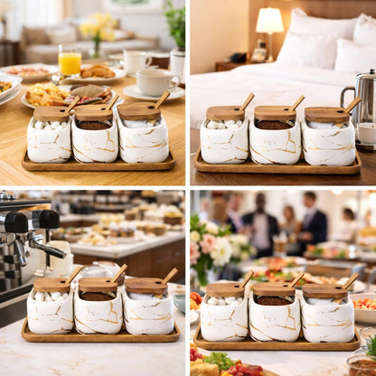 KIDYBELL Ceramic Spice Jars Porcelain Condiment Jars Set Marble Ceramic Seasoning Box 3pcs Condiment Pots for salt, sugar, pepper Kitchen Seasoning Condiment Jar Set