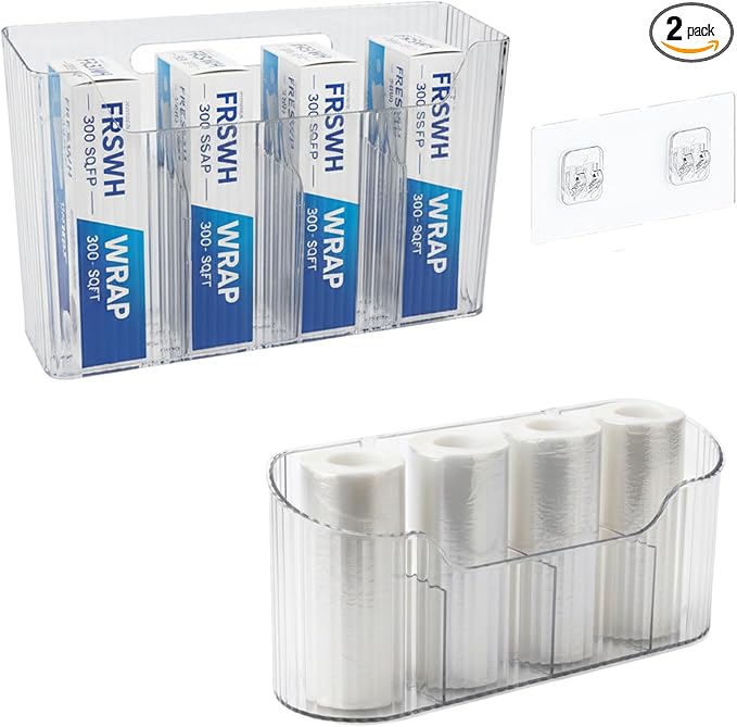 2 Pack Foil and Plastic Wrap Storage Rack, Adhesive Aluminum Foil Organizer for Cabinet Door and Pantry, Space-Saving Wrapping Paper Storage for Kitchen Cabinets, No Drilling, Clear