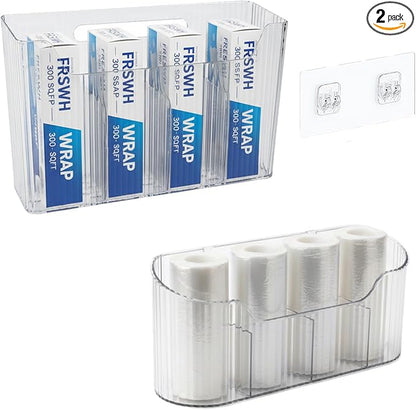 2 Pack Foil and Plastic Wrap Storage Rack, Adhesive Aluminum Foil Organizer for Cabinet Door and Pantry, Space-Saving Wrapping Paper Storage for Kitchen Cabinets, No Drilling, Clear