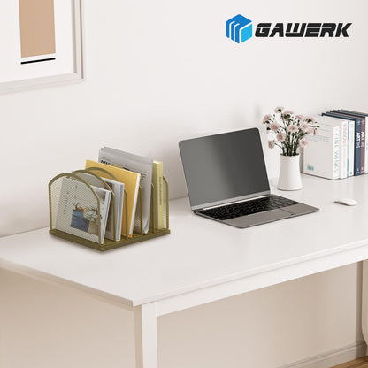 Gawerk 5-Section Vertical Desktop Organizer, 5-Section Mesh File Folder Stand Sorter for Office Home Classroom Organization (1, Gold)
