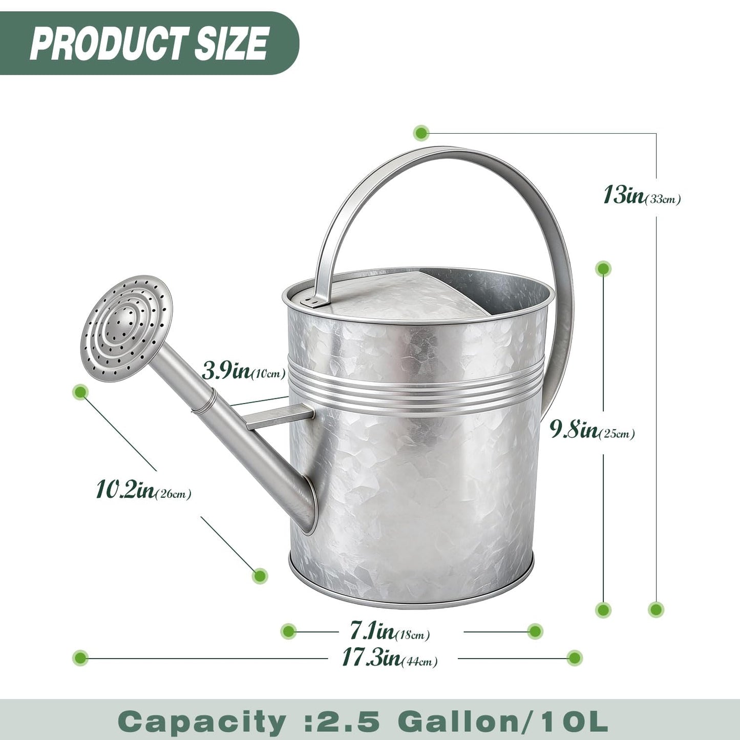9.5L Metal Watering Can for Outdoor Garden, Galvanized Steel Large Watering Can Pot with Top Handle and Long Spout, Rust-Resistant Water Can for Flower, Lawns, and Farm Use