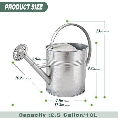9.5L Metal Watering Can for Outdoor Garden, Galvanized Steel Large Watering Can Pot with Top Handle and Long Spout, Rust-Resistant Water Can for Flower, Lawns, and Farm Use