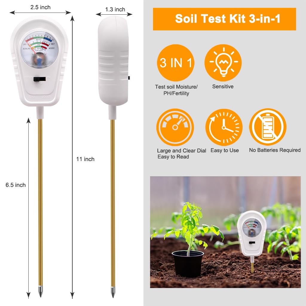 Aenncci Soil Test Kit 3-in-1, Soil Moisture Meter, Soil PH Meter, Fertility Soil Tester, Soil Tester for Garden, Lawn, Farm, Outdoor & Indoor Use (Snow Glow White)
